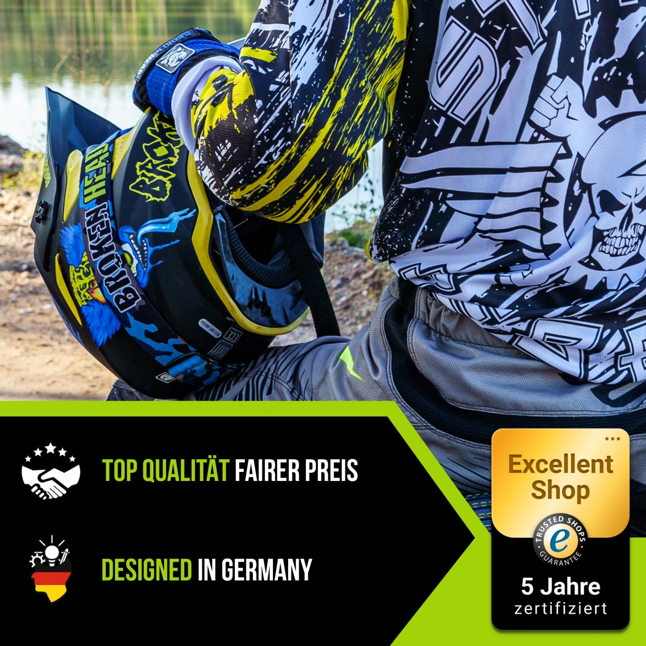 Bild von Broken Head Supermoto und MX-Helm FreakZone Schwarz-Gelb-Blau