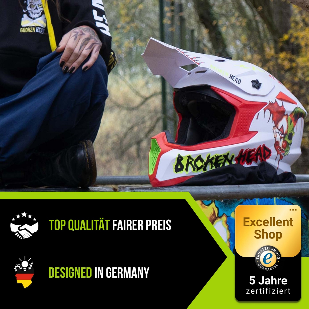 Bild von Broken Head Crosshelm FreakZone Weiss-Rot-Grün + MX-2 Brille