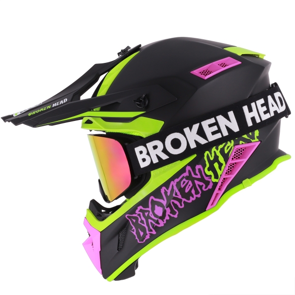 Bild von Broken Head Crosshelm Hunter Light Grün-Pink + MX-Brille Struggler ...
