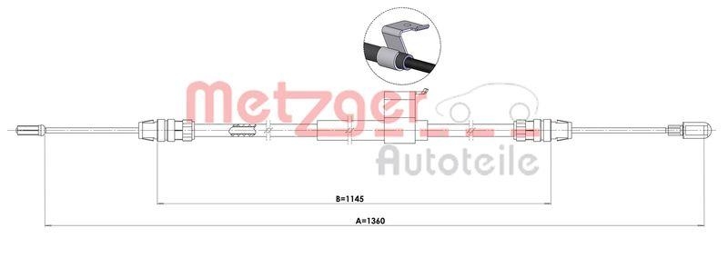 Bild von METZGER 1.FD022 Handbremsseil Bremsseil, Seilzug Feststellbremse hinten links 1360/1145 FORD: Transit Mk7 Platform / Chassis, Transit Mk7 Minibus