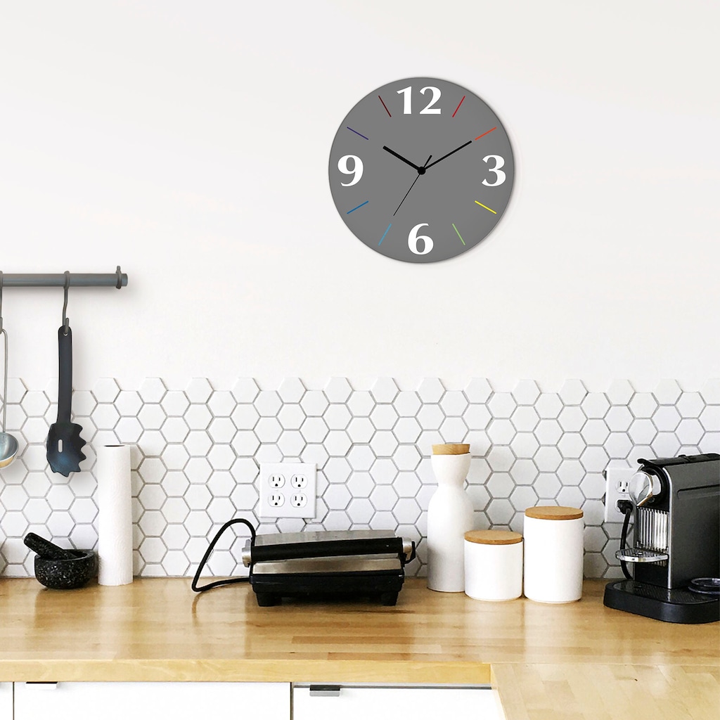 Bild von ARTLAND Wanddeko Wanduhr ohne Tickgeräusche aus Glas Funkuhr Ø 30 cm Rund Lautlos Trendfarbe Grau-Bunt S7KD