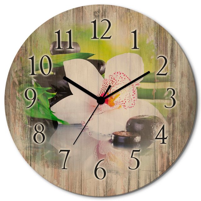 Bild von ARTLAND Wanduhr ohne Tickgeräusche aus Holz Quarzuhr lautlos rund Ø 30 cm Spa Steine Bambus Zweige Orchidee T9IQ Wellness Zen Bilder Pflanze