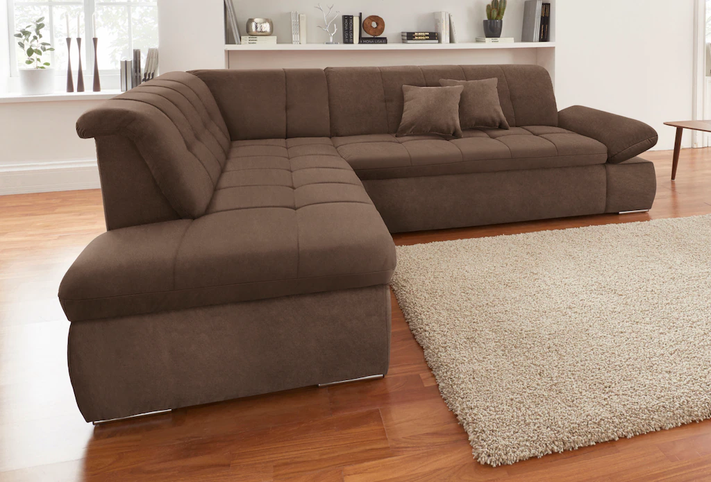 Bild von DOMO collection Ecksofa "NMoric incl. Zierkissen B/T/H: 273/216/80 cm L-Form", Ottomanen-Abschluss, wahlweise mit Bettfunktion und Armlehnverstellung