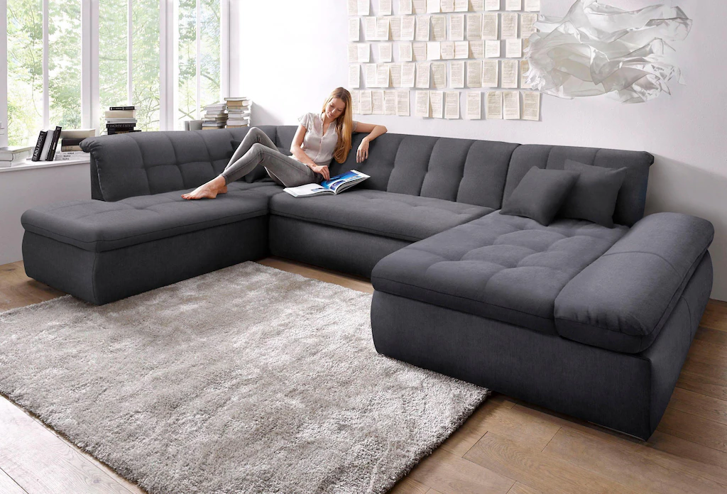 Bild von DOMO collection Wohnlandschaft "NMoric im XXL-Format, B/T/H: 353/216/80 cm, incl. Zierkissen U-Form", wahlweise mit Bettfunktion und Armlehnenverstellung