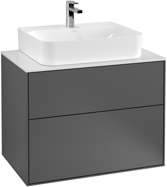 Bild von Villeroy und Boch Finion Waschtischunterschrank G09200, 800x603x501mm, mit LED- Beleuchtung, Abdeckplatte Black Matt, Farbe: Oak Veneer