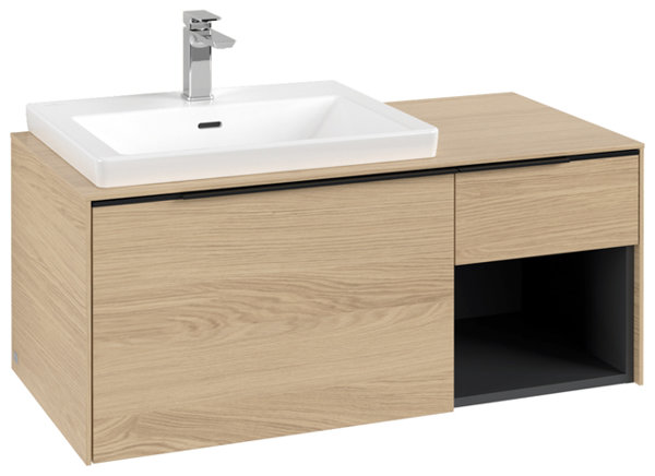 Bild von Villeroy & Boch Subway 3.0, 1001x423x516 mm, Waschbeckenunterschrank, 2 Auszüge, C572L2, Farbe: Front/Korpus: Nordic Oak, Griff: Volcano Black