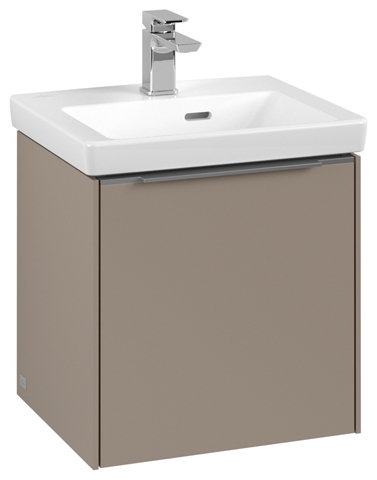 Bild von Villeroy & Boch Subway 3.0, Waschbeckenunterschrank, 423x429x378 mm, 1 Tür Anschlag (Scharnier) links, C58100, Farbe: Front/Korpus: Taupe, Griff: Aluminium glänzend