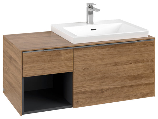 Bild von Villeroy & Boch Subway 3.0, 1001x423x516 mm, Waschbeckenunterschrank, 2 Auszüge, C571L2, Farbe: Front/Korpus: Kansas Oak, Griff: Aluminium glänzend