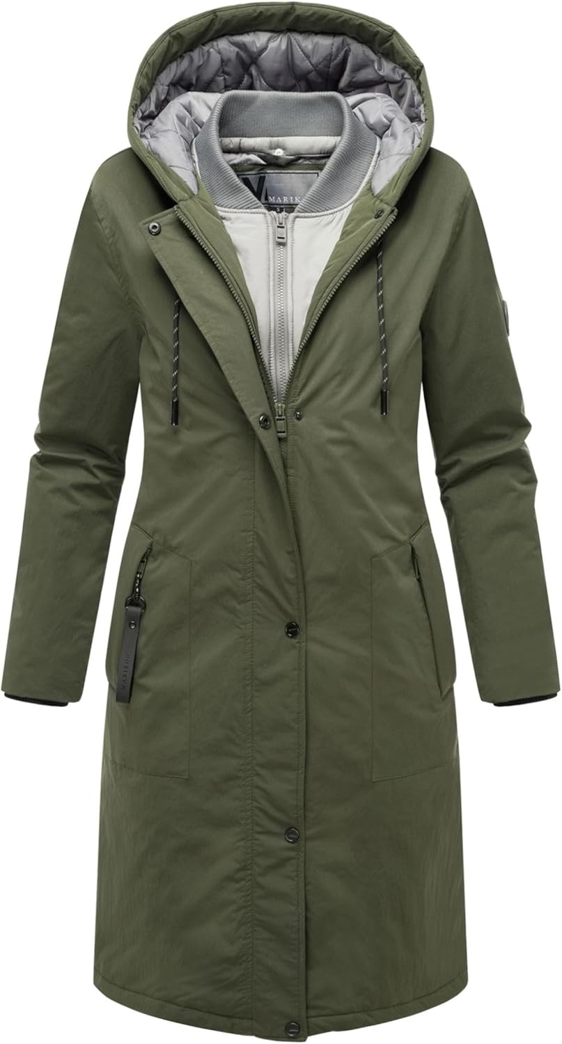 Bild von MARIKOO Damen Winterjacke (S-3XL) - Wind- und Wasserabweisend, 4 Taschen, gefütterter Kragen (abnehmbar), große Kapuze, Warme Jacke Frauen - N035 (S, DOlive)
