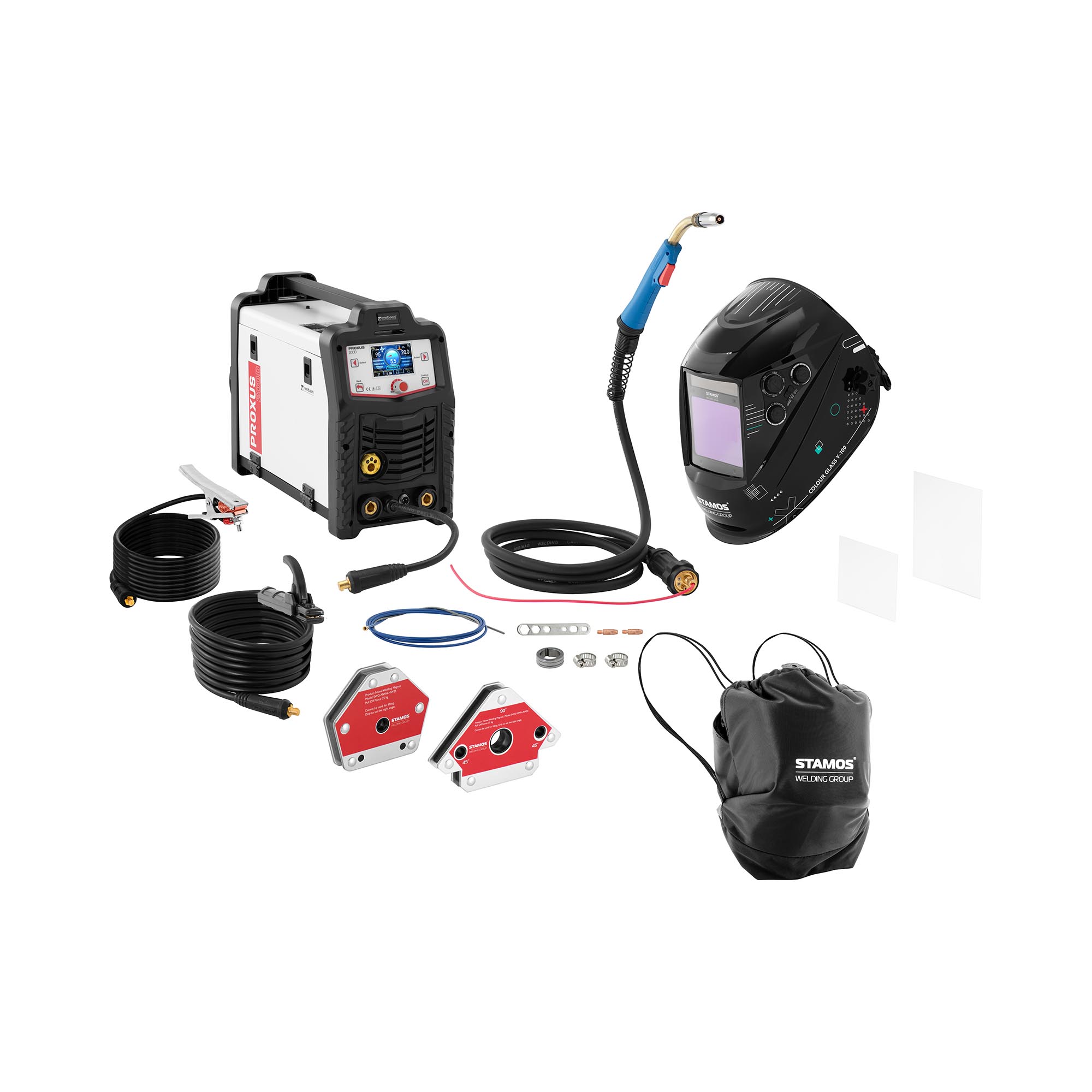 Bild von Stamos Welding Group MIG/MAG-Schweißgerät - 200 A - Duty Cycle 80 % - Schweißhelm Colour Glass Y-100 - 2 Schweißmagnete 30/45/60/75/90/105/135° - 25 kg