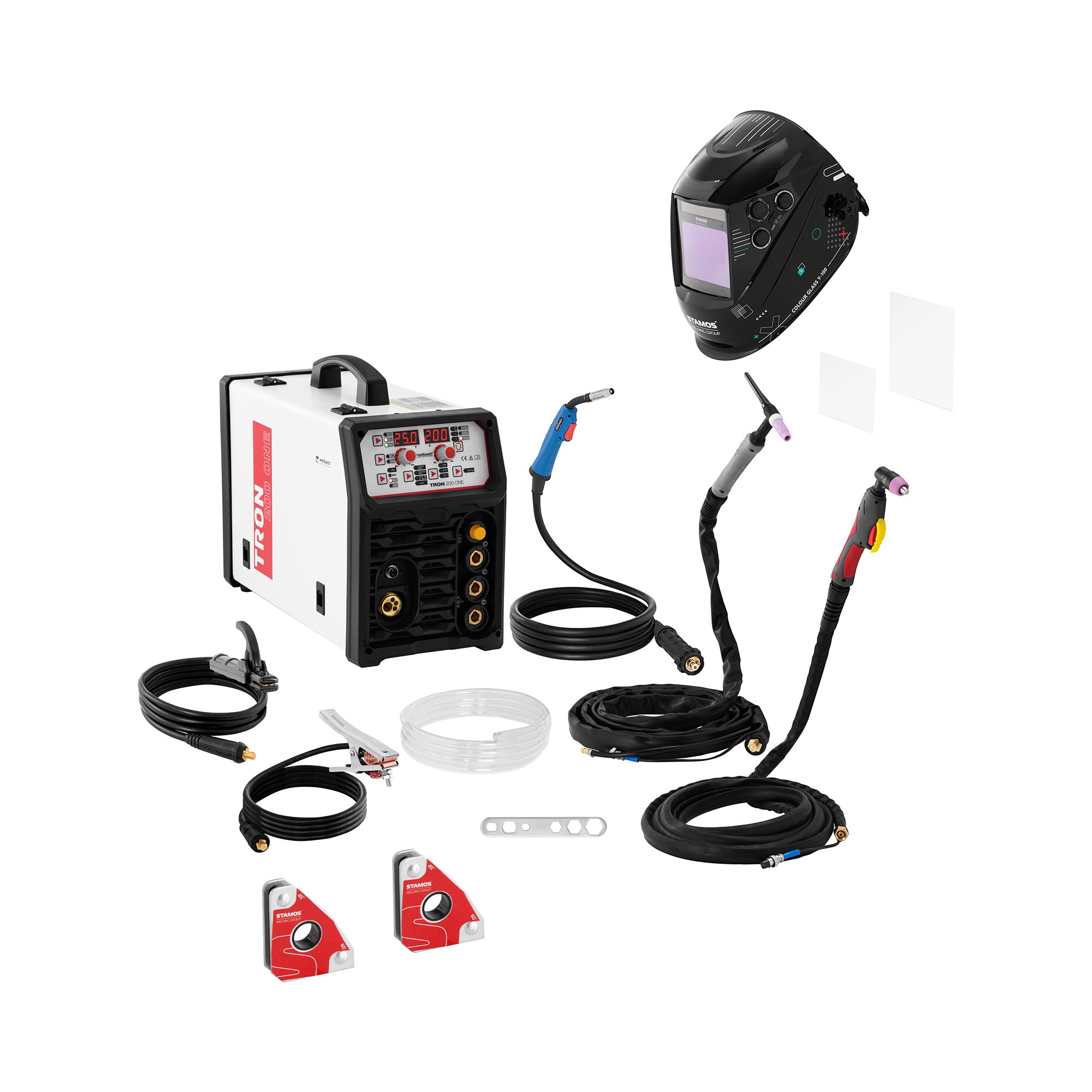 Bild von Stamos Welding Group Schweißset - Kombi-Schweißgerät - 200 A - Duty Cycle 60 % - Schweißhelm Colour Glass Y-100 -  2 Schweißwinkel - 30/45/60/90° - 15 kg