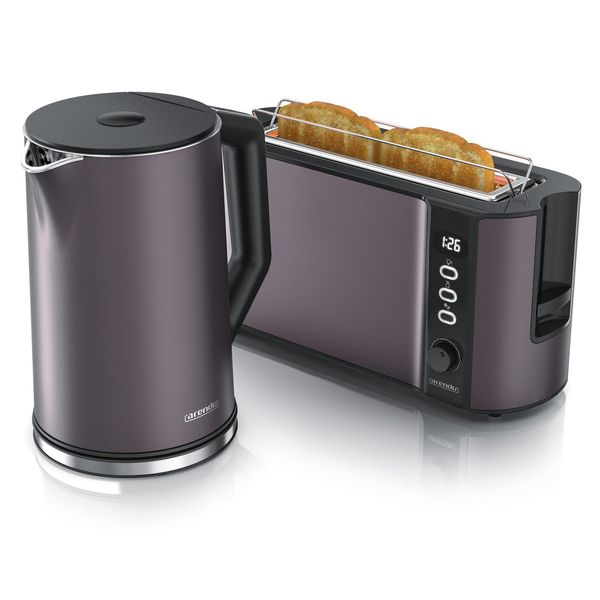 Bild von Arendo Frühstücks-Set Wasserkocher 1,5l & 2-Scheiben Langschlitz Toaster, Edelstahl, Grau (2-tlg), Wasserkocher mit Temperaturwahl, Toaster mit Brötchenaufsatz