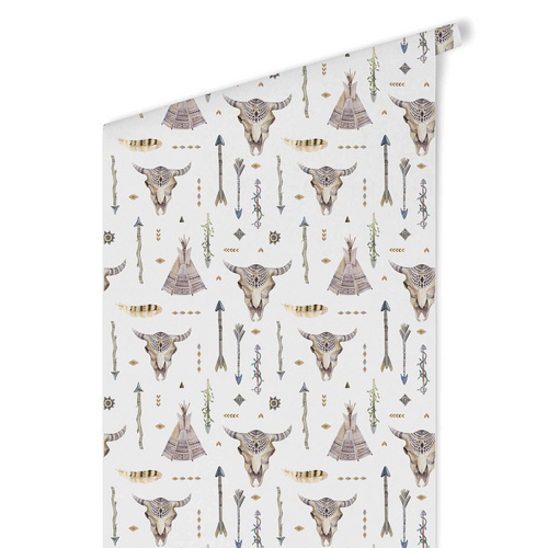Bild von K&L Wall Art Vliestapete »Kinder Vliestapete«, Tipi Indianer Stier, mehrfarbig, matt - bunt