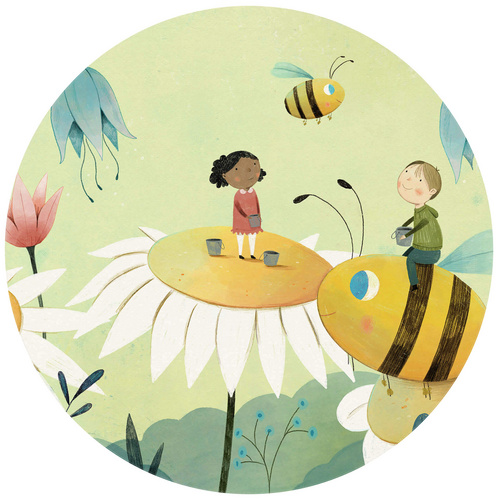 Bild von K&L Wall Art Vliestapete »Runde Vliestapete«, Loske Honig Bienen Freunde Kinder, mehrfarbig, matt - bunt