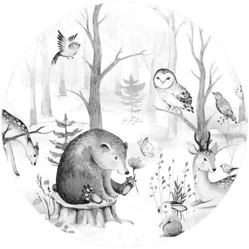 Bild von K&L Wall Art Vliestapete »Runde Vliestapete«, Kvilis Waldtiere Bär Reh Eule, mehrfarbig, matt - bunt