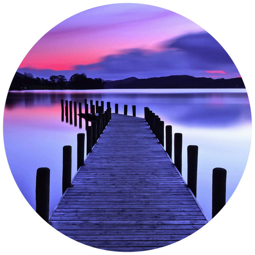 Bild von K&L Wall Art Vliestapete »Runde Vliestapete«, Steg am See Lila Seepanorama, mehrfarbig, matt - bunt