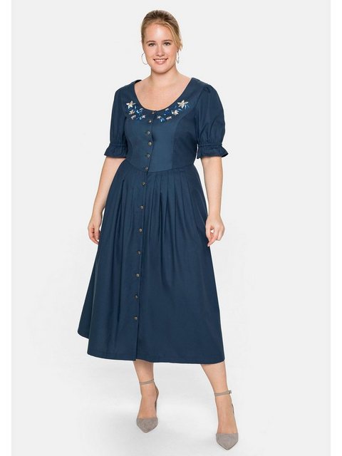 Bild von Sheego Damen Große Größen Trachtenkleid in Leinen-Optik, mit Blütenstickerei Oktoberfestmode klassisch Rundhals-Ausschnitt Stickerei