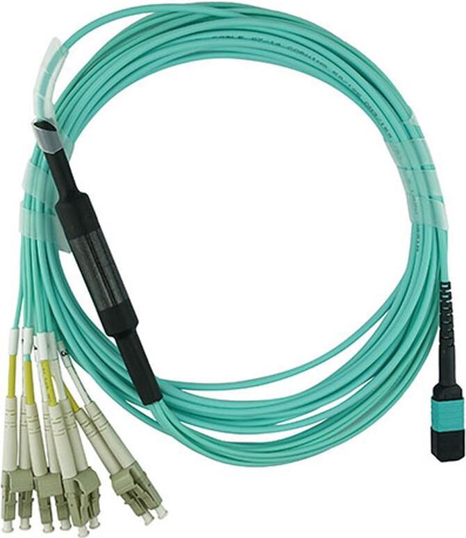 Bild von Kompatibles Extreme Networks 9380014-2M BlueOptics LWL Breakout Patchkabel, MPO/UPC, 4xDuplex LC/UPC, 2 Meter, Multimode G50/125µm, OM3, MPO Einfügedämpfung: unter 0.3dB, LC Einfügedämpfung: unter 0.2dB, Markenfaser, 3.0mm LSZH aqua / türkis, 8 Kerne und (9380014-2M-BO)