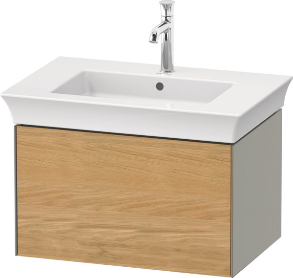 Bild von Duravit White Tulip, Waschtischunterbau wandhängend, Breite 684 x Tiefe 458mm, mit 1x Auszug, mit Tip-on Technik, WT42410, Farbe: Korpus: Steingrau Seidenmatt, Front: Eiche Natur Massiv
