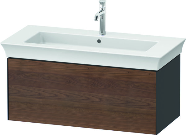 Bild von Duravit White Tulip, Waschtischunterbau wandhängend, Breite 984 x Tiefe 458mm, mit 1x Auszug, mit Tip-on Technik, WT42420, Farbe: Korpus: Graphit Hochglanz, Front: Amerikanischer Nussbaum Massiv