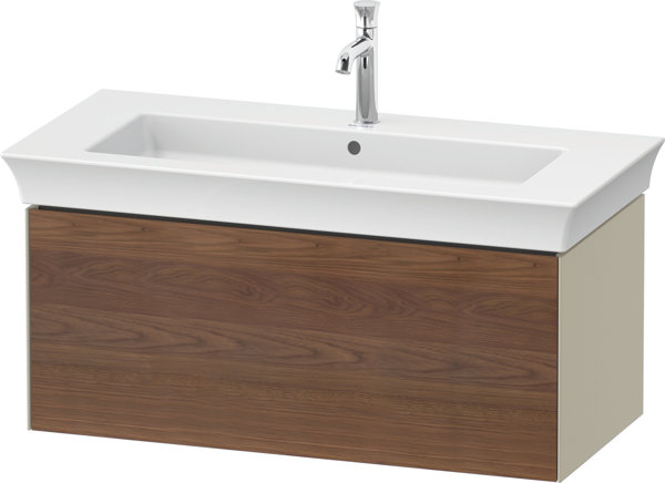 Bild von Duravit White Tulip, Waschtischunterbau wandhängend, Breite 984 x Tiefe 458mm, mit 1x Auszug, mit Tip-on Technik, WT42420, Farbe: Korpus: Taupe Hochglanz, Front: Amerikanischer Nussbaum Massiv