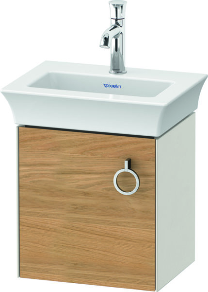 Bild von Duravit White Tulip, Waschtischunterbau wandhängend, Breite 384 x Tiefe 298mm, mit 1x Tür Anschlag links, mit Griff, WT4250L, Farbe: Korpus: Nordic Weiß Seidenmatt, Front: Eiche Natur Massiv