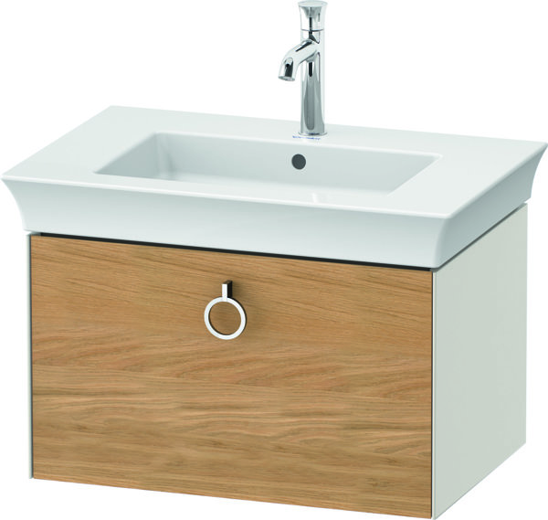 Bild von Duravit White Tulip, Waschtischunterbau wandhängend, Breite 684 x Tiefe 458mm, mit 1x Auszug, mit Griff, WT42510, Farbe: Korpus: Nordic Weiß Seidenmatt, Front: Eiche Natur Massiv