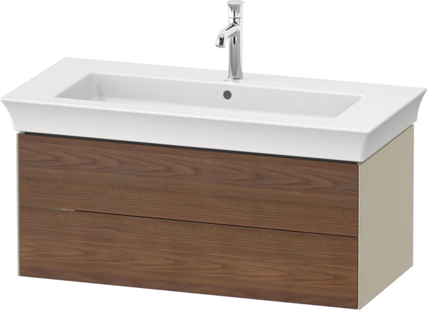 Bild von Duravit White Tulip, Waschtischunterbau wandhängend, Breite 984 x Tiefe 458mm, mit 2 Schubkästen, mit Tip-on Technik, WT43420, Farbe: Korpus: Taupe Hochglanz, Front: Amerikanischer Nussbaum Massiv