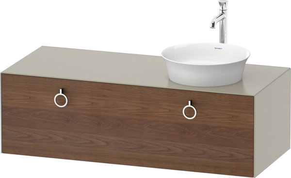 Bild von Duravit White Tulip, Waschtischunterbau wandhängend, Breite 1300 x Tiefe 550mm, mit 1x Auszug, mit Griff, WT4982R, Farbe: Korpus: Taupe Seidenmatt, Front: Amerikanischer Nussbaum Massiv