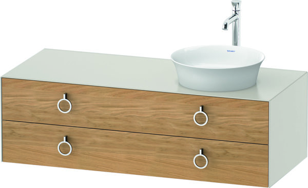 Bild von Duravit White Tulip, Waschtischunterbau wandhängend, Breite 1300 x Tiefe 550mm, mit 2 Schubkästen, mit Griff, WT4992R, Farbe: Korpus: Nordic Weiß Seidenmatt, Front: Eiche Natur Massiv