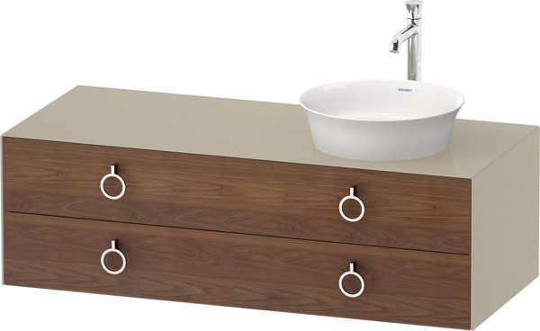 Bild von Duravit White Tulip, Waschtischunterbau wandhängend, Breite 1300 x Tiefe 550mm, mit 2 Schubkästen, mit Griff, WT4992R, Farbe: Korpus: Taupe Hochglanz, Front: Amerikanischer Nussbaum Massiv