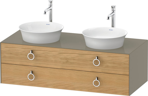 Bild von Duravit White Tulip, Waschtischunterbau wandhängend, Breite 1300 x Tiefe 550mm, mit 2 Schubkästen, mit Griff, WT4993B, Farbe: Korpus: Steingrau Hochglanz, Front: Eiche Natur Massiv