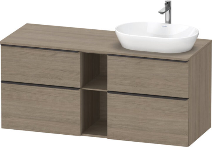 Bild von Duravit D-Neo, Waschtischunterbau wandhängend (Ausschnitt rechts), Breite 1400 x Tiefe 550mm, 4x Schubkästen, 1x offenes Fach, mit Griff, DE4970R, Farbe: Eiche Terra