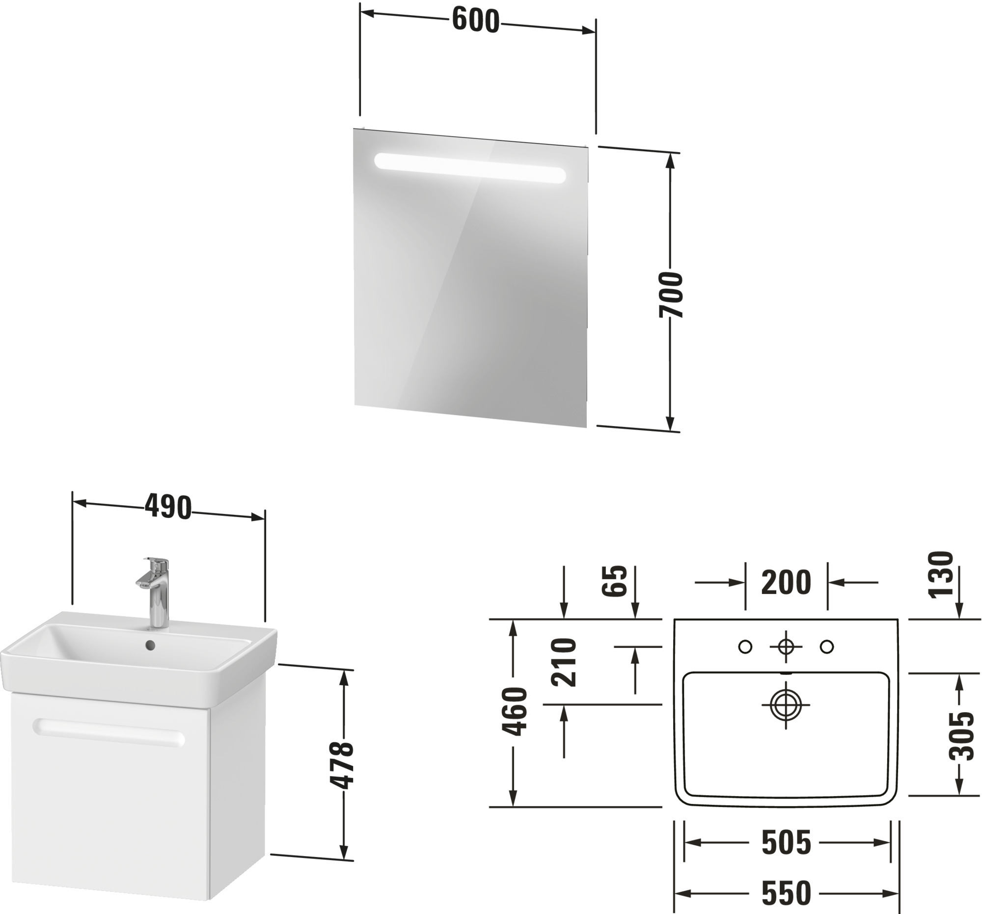 Bild von Duravit No.1 Möbelset 550, inkl. Waschtisch, Waschtischunterbau, Spiegel, Innenschubkasten, Siphonausschnitt, N101620, Farbe: Graphit Matt Dekor