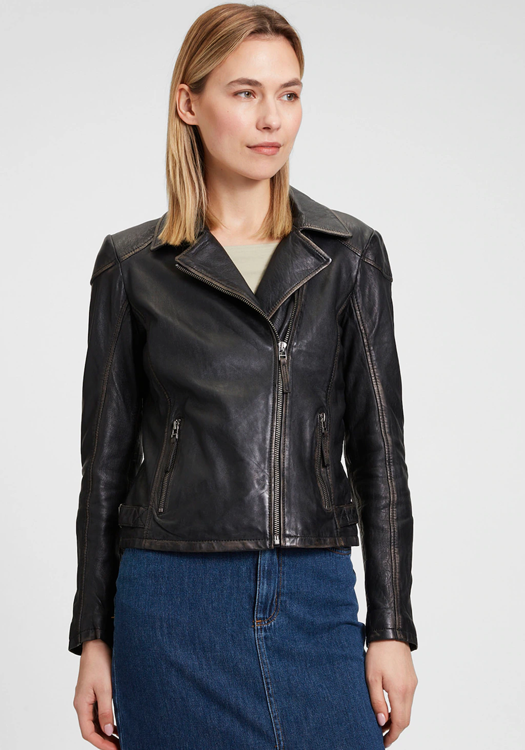 Bild von Gipsy by Mauritius Lederjacke MWPeggie im Vintage-Look, asymetrischer Reißverschluss, Reverskragen