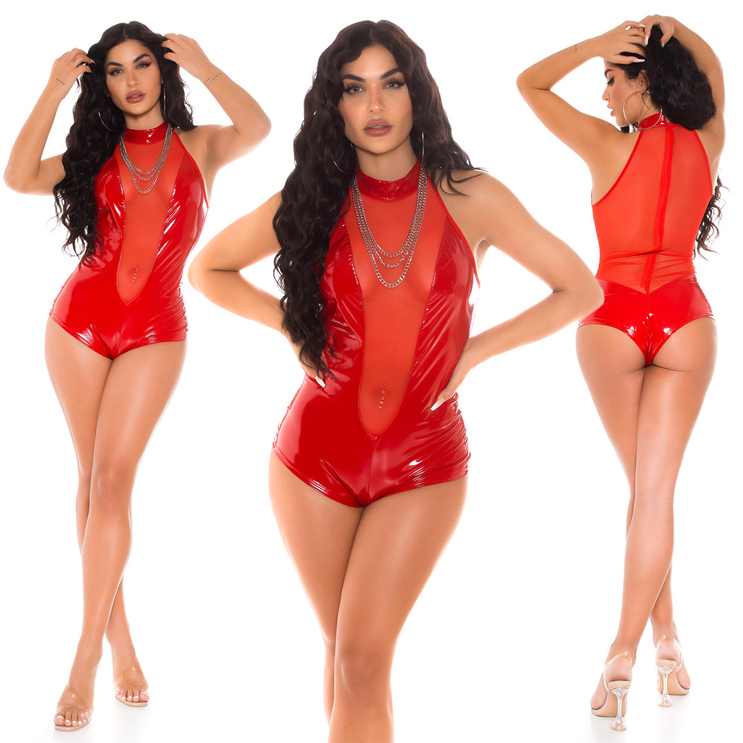 Bild von Hot Latex Look Turtle Neck Body Top mit Mesh Einsatz Ärmellos