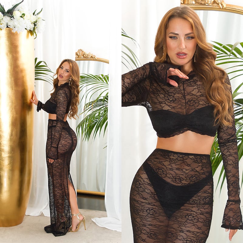 Bild von Crop Langarm Top Spitzentop Bauchfrei mit Turtle Neck Stehkragen Transparent
