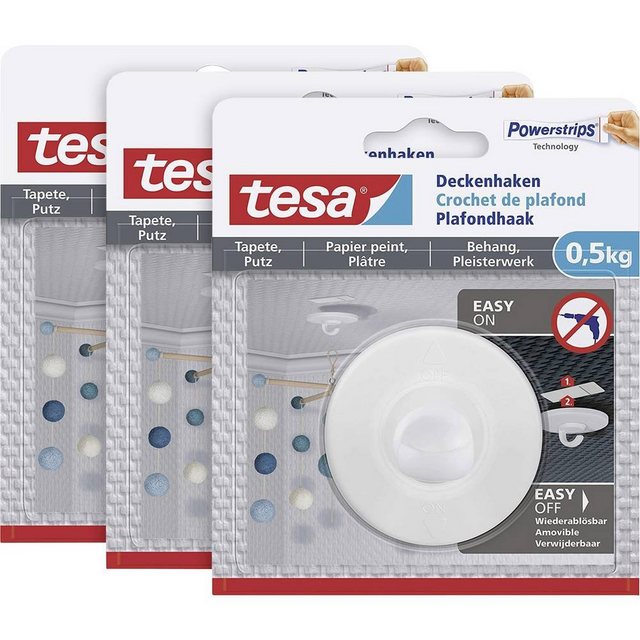 Bild von tesa Deckenhaken Tapeten & Putz -3er-Pack - selbstklebender Haken - ideal zur Befestigung von Deko-Objekten - hält bis zu 0,5kg/Haken - spurlos ablösbar