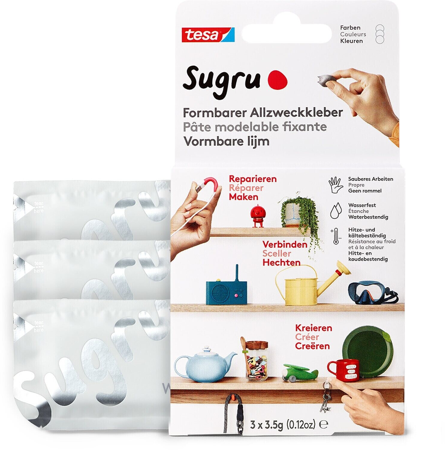 Bild von Sugru by tesa - Formbarer Allzweckkleber, 3er-Pack, 3 x 3,5 g, Weiß - vielseitige Klebeknete - zum Dekorieren, Kleben, Reparieren und für kreative DIY-Anwendungen