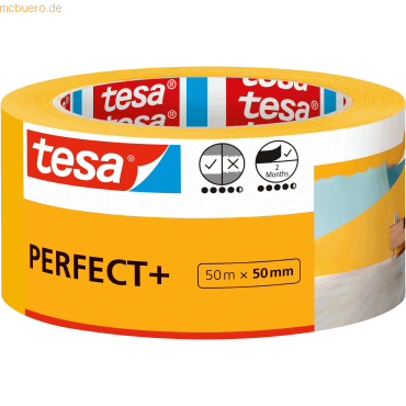 Bild von tesa Kreppband PERFECT+ Malerband Abklebeband für sauberes Abkleben - 50 m : 50 mm (Packung, 1-St) für Malerarbeiten im Innenbereich - gelb
