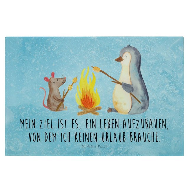 Bild von Mr. & Mrs. Panda Servierbrett Pinguin Lagerfeuer - Eisblau - Geschenk, Schneidebrett, Maus, Glassch, Premium Glas, (1-St)