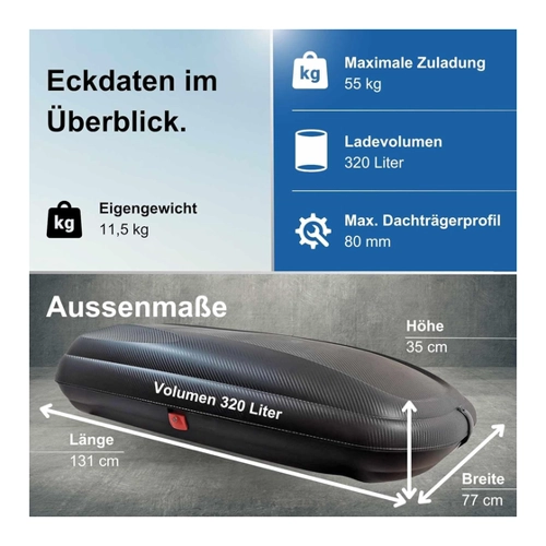 Bild von Dachbox VDPBA320 320Ltr carbonlook abschließbar + Dachträger Rapid für Subaru Legacy Kombi (5-Türer) 93-98