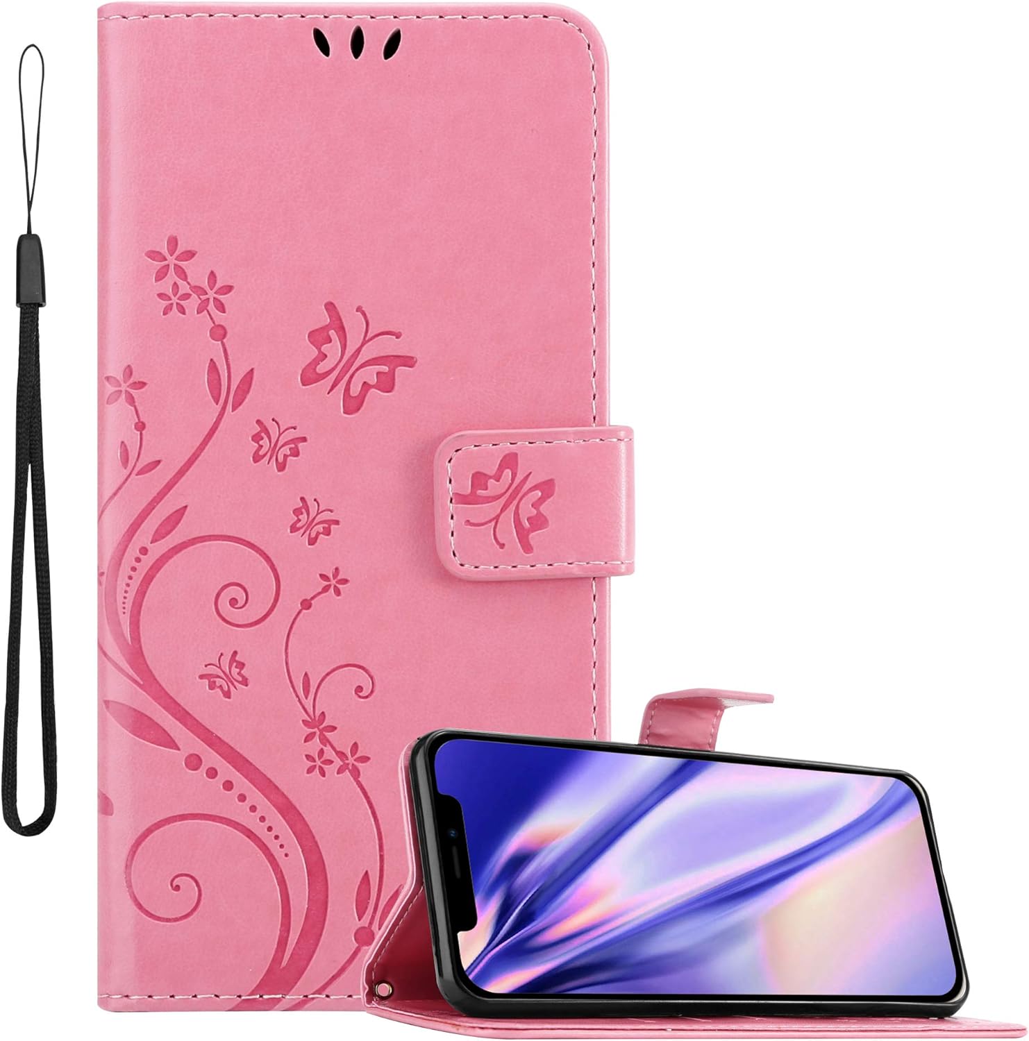 Bild von Cadorabo Hülle kompatibel mit Apple iPhone 12 MINI Blumen Design aus Kunst Leder Flip Klappbare Stoßfeste Magnetische [Standfunktion] [Kartenfächern] Cover Hülle für iPhone 12 MINI Tasche in Rosa