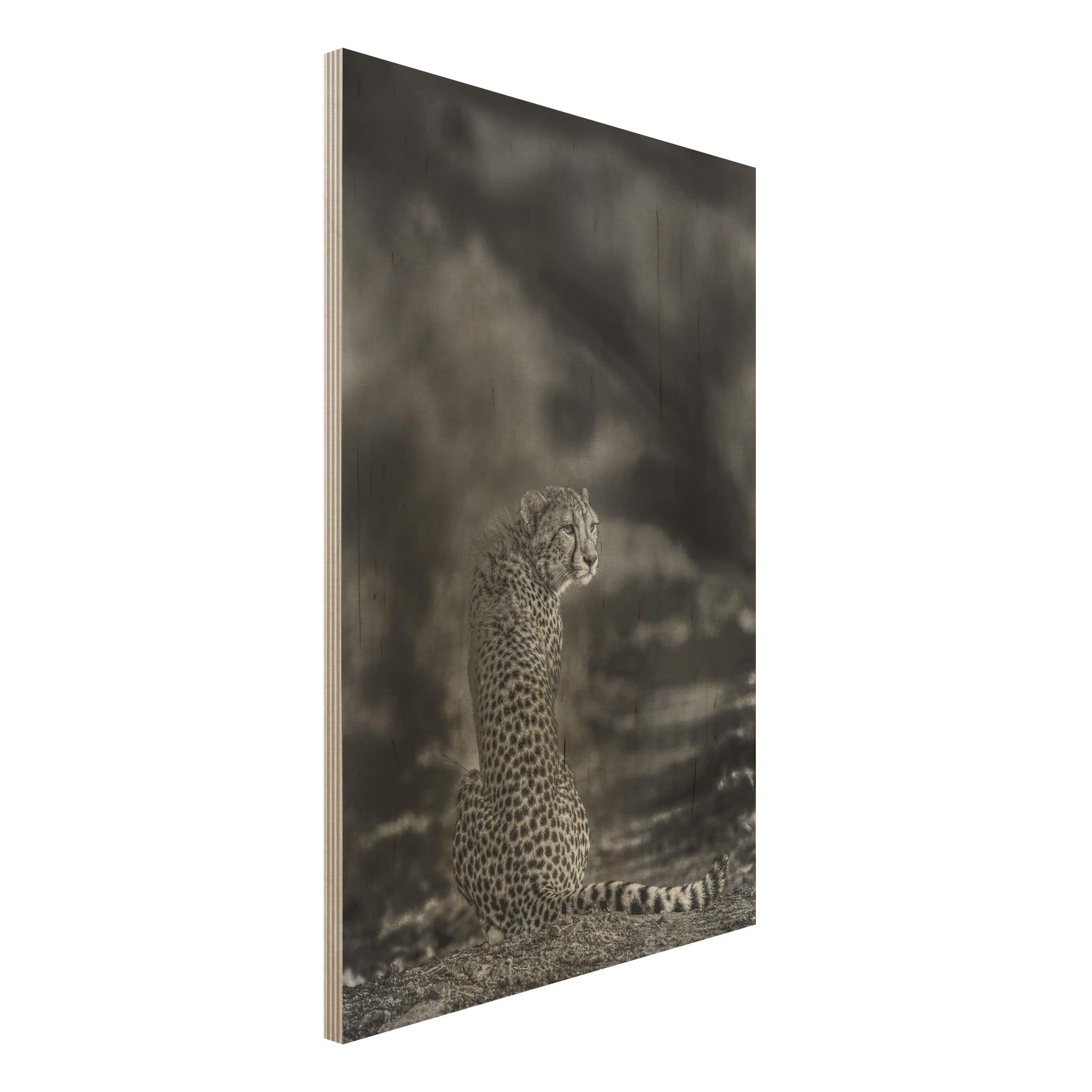 Bild von Birke Echtholz Wandbild Druck - Gepard in der Wildness - Hochformat 60 x 40cm