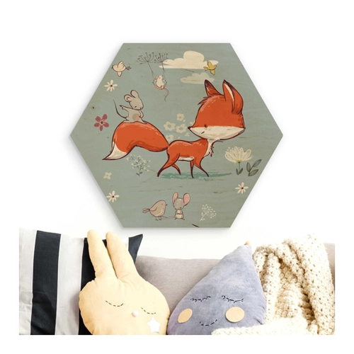 Bild von Hexagon-Holzbild Fuchs und Maus auf Wanderschaft