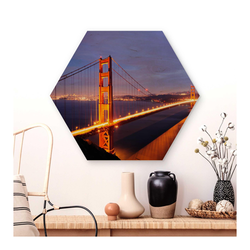 Bild von Hexagon-Holzbild Golden Gate Bridge bei Nacht
