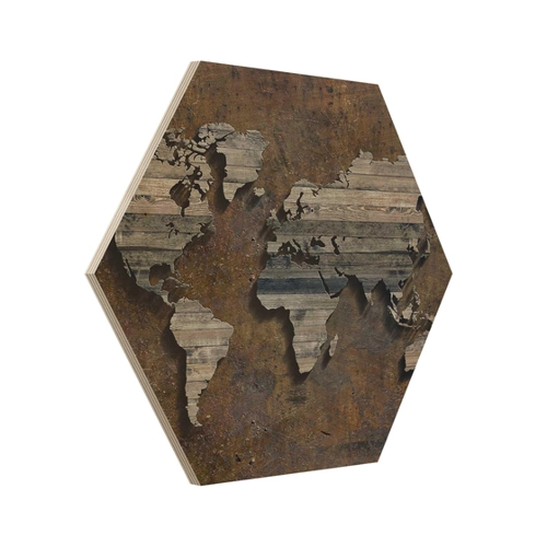 Bild von Hexagon-Holzbild Holz Rost Weltkarte