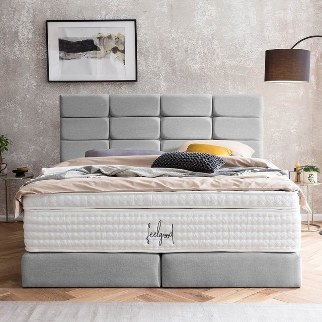 Bild von BettCo Boxspringbett Kansas (in Hellgrau Webstoff, 160 x 200 cm), Kachel-Design, Topper optional, Gleiterfüße, Kostenloser Aufbau