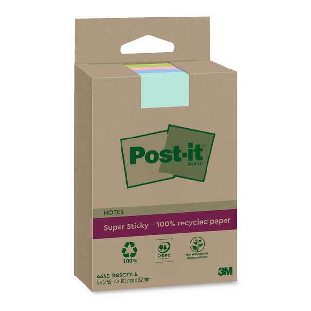 Bild von Post-it Super Sticky Haftnotizen Farbig Sortiert 102 x 152 mm Packung mit 4 Blöcken à 45 Blatt