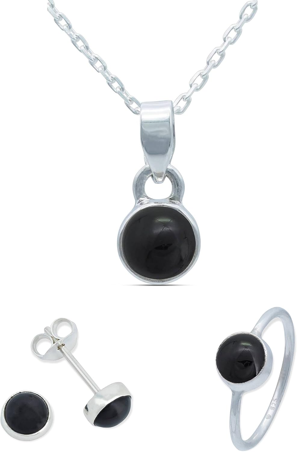 Bild von mantraroma Schmuckset echt 925 Silber mit Onyx - Ring Kette Ohrringe passend in schlichtem Design